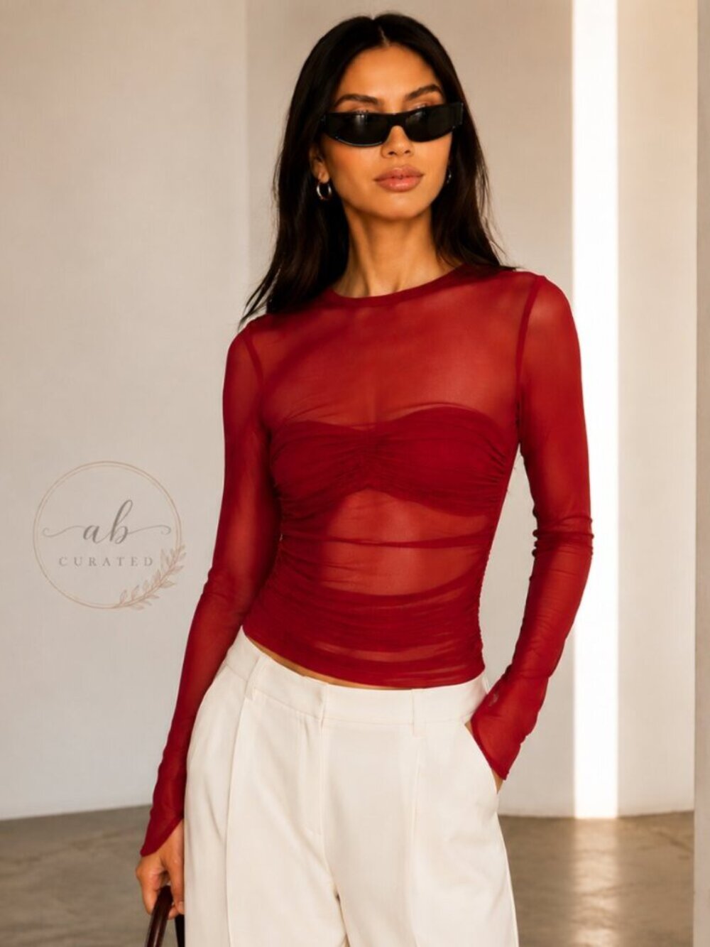 NWT AFRM Sandrine Rhubarb Red Sheer Mesh Ruched Long Sleeve Top M